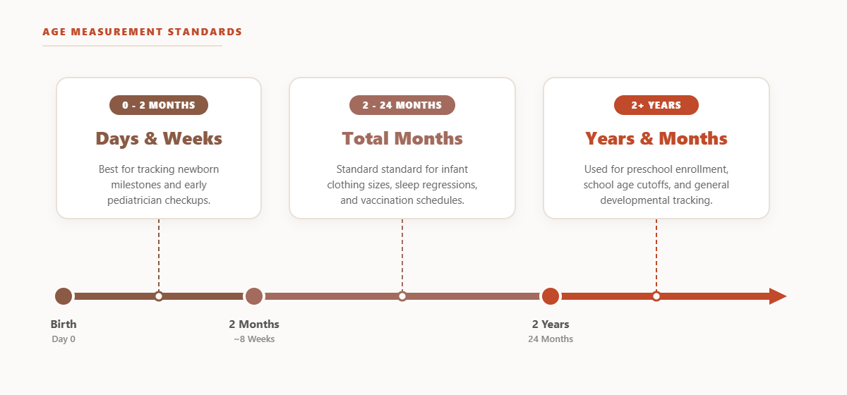 A horizontal infographic timeline breaking down child age tracking from birth to 2 years and older into days, weeks, total months, and years.