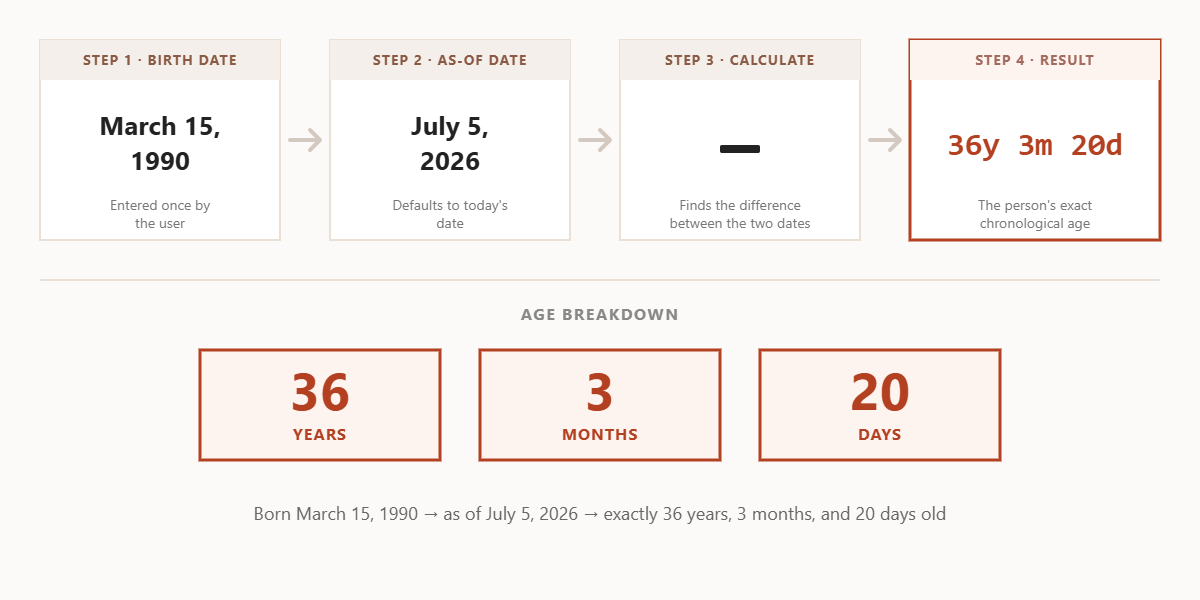 Diagram showing a worked example of the chronological age calculator: birth date March 15, 1990 and as-of date July 5, 2026 are subtracted to produce a result of 36 years, 3 months, and 20 days