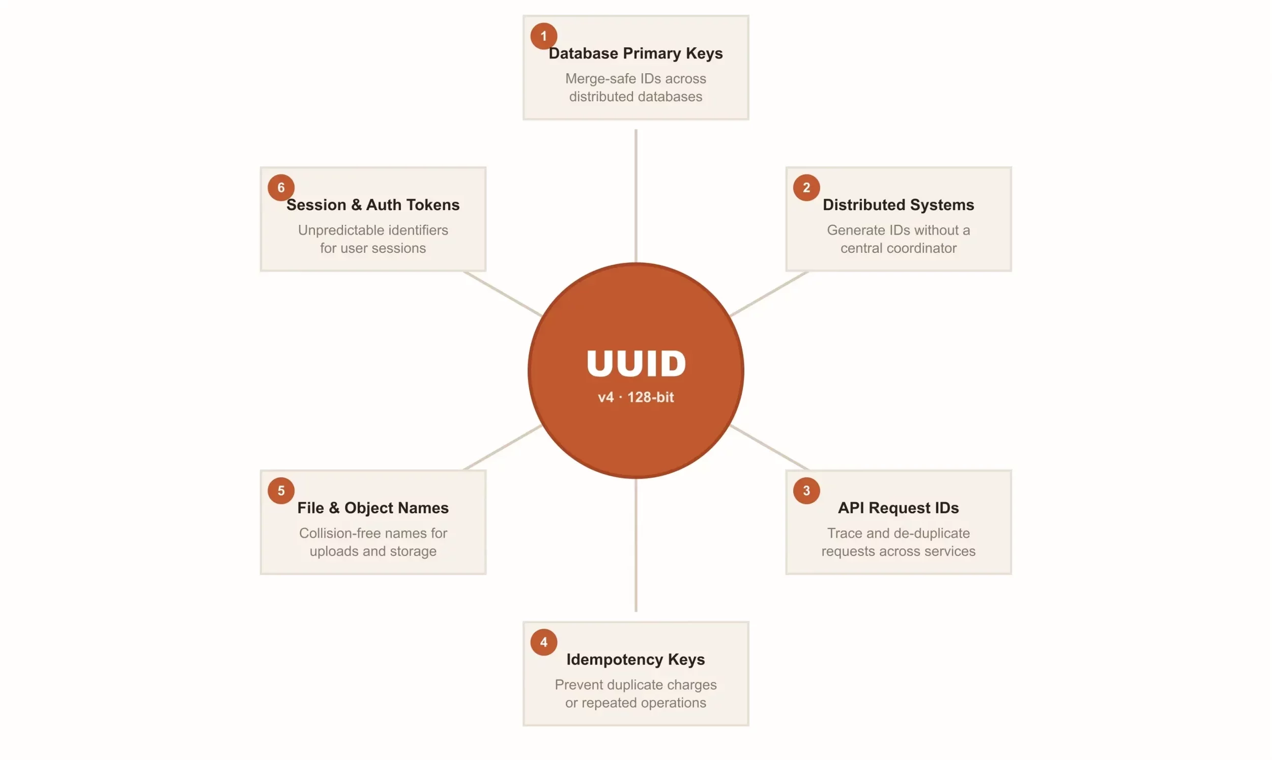 Diagram showing six common use cases for UUID v4 identifiers: database primary keys, distributed systems, API request IDs, idempotency keys, file and object names, and session and auth tokens